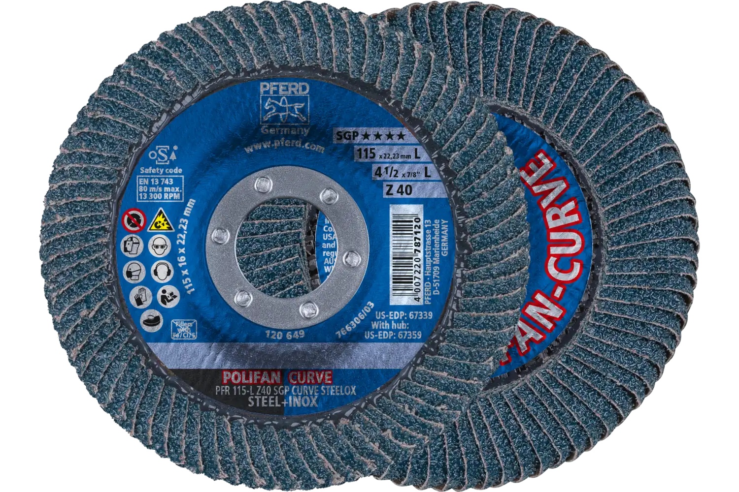 Picture of Pferd Flap Disc, 4-1/2" x 7/8, Z SGP Curve Steelox, 40 Grit, Large Radius, Zirconia